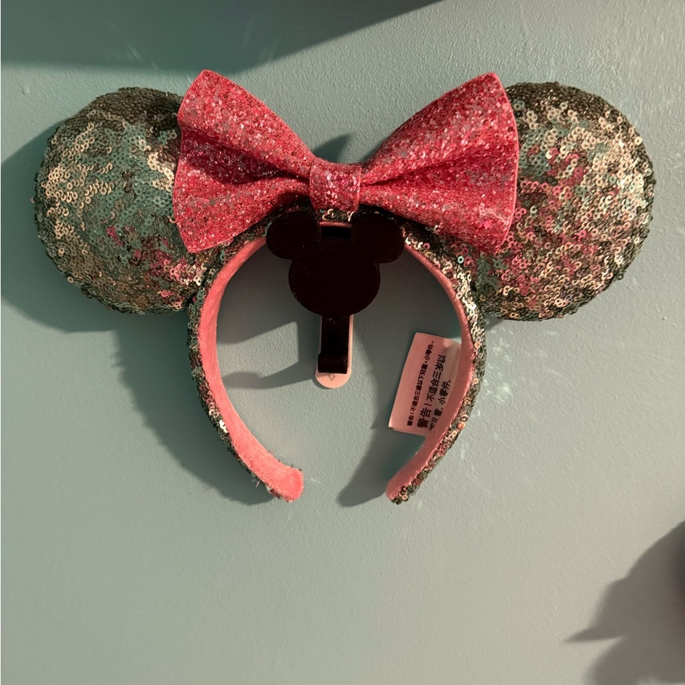 Sequin Mouse Ears Headband with Pink Bow